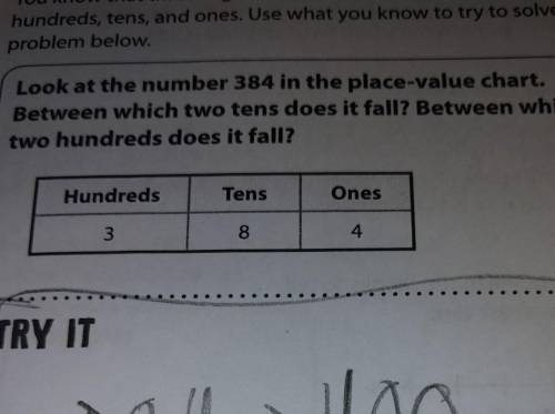 Look at the number 384 in the place value chart. Between which two tens does it fall? Between which