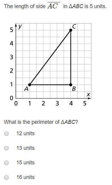 The length of side AC¯¯¯¯¯¯ in ΔABC is 5 units. Triangle A B C on a coordinate plane with coordinate
