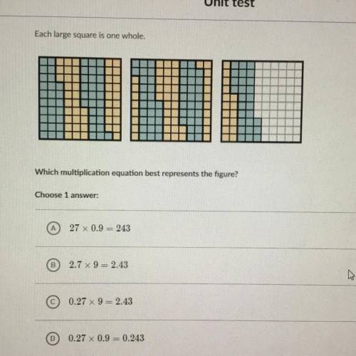 Each large square is one whole. Which multiplication equation best represents the figure? Choose 1 a