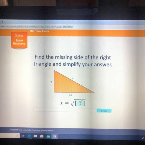 Find the missing side of the right triangle and simplify your answer.