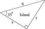 The picture shows a triangular island: Which expression shows the value of q? r cos 55° r sin 55° s