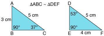 In the congruent triangles below, what is the measure of ∠A? 37° 53° 90° 106°