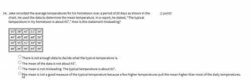 Jake recorded the avarage temperatures for his hometown over a period of 20 days as shown in the cha