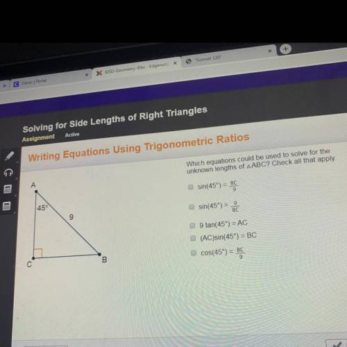 Which equations could be used to solve for the unknown lengths of triangle ABC? Check all that apply