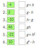 Evaluate each expression and match it down in the pic below. it's simple. *g = -7 and h = 3*
