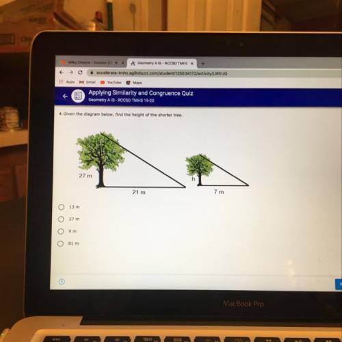 4. Given the diagram below, find the height of the shorter tree, Need help ASAP