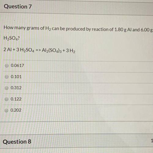 How many grams of H2 can be produced by reaction of 1.80 g Al and 6.00 g H2SO4? 2 Al + 3 H2SO4 =>