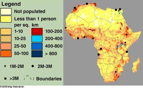 Look at the population density chart. Identify the correct statement. Population is the most dense a