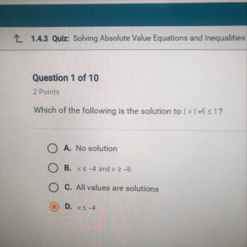 Which of the following is the solution to | x | +5<1?