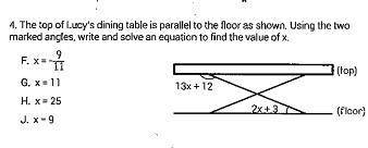 The top of Lucy's dining table is parallel to the floor as shown, using the two marked angles, write