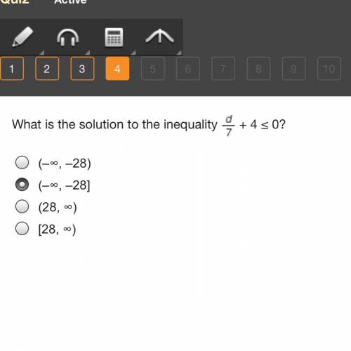 What is the solution to the inequality StartFraction d Over 7 EndFraction + 4 ≤ 0?