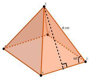 *WILL MARK BRAINLIEST* The following picture is a square pyramid where DE=8 cm and m∠ADE=60°. Find t