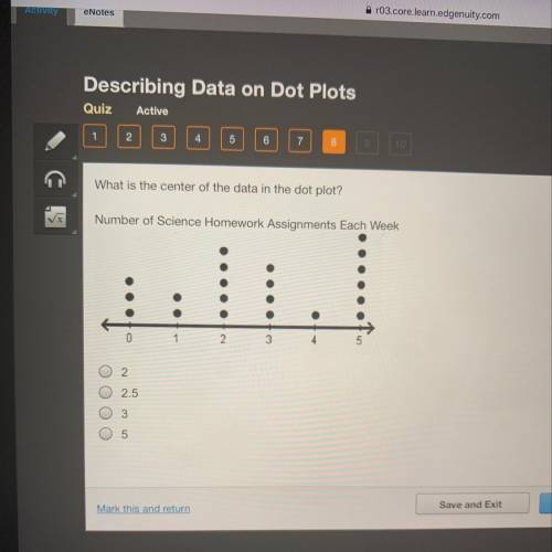 What is the center of the data in the dot plot?  Number of science Homework Assignments Each Week.