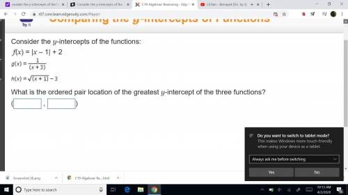 Consider the y-intercepts of the functions: use picture please What is the ordered pair location of