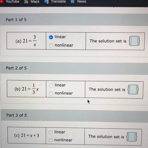 Is 21=3/x linear or nonlinear and what is it’s solution set?