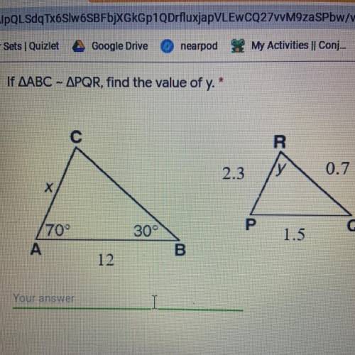 If the triangle ABC~ triangle PQR, find value of y.