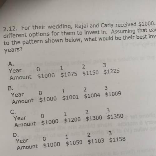 For their wedding, Rajai and Carly received $1000. Their financial advisor laid out 4 different opti