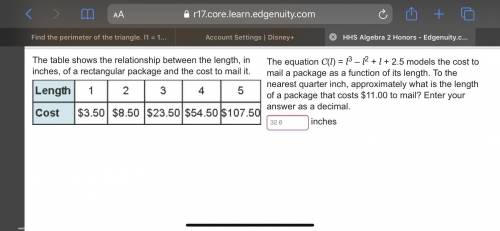 The equation C(l) = l3 – l2 + l + 2.5 models the cost to mail a package as a function of its length.