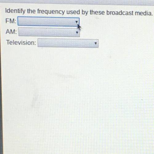 Identify the frequency used by these broadcast media. FM: AM: Television: