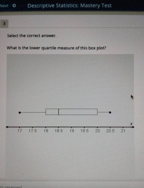 لیاSelect the correct answer.What is the lower quartile measure of this box plot?1717.51818.51919.52