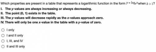 Which properties are present in a table that represents a logarithmic function in the form y= log_bx