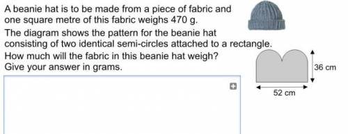 A beanie hat is to be made from a piece of fabric and one square meter of this fabric weighs 470g.