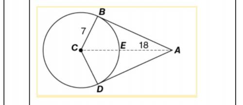 Circle C with tangents AB and AD is shown. BC=7, and EA=18. What is the length of one of the tangent