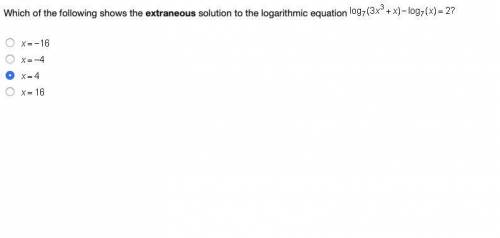 Which of the following shows the extraneous solution to the logarithmic equation log Subscript 7 Bas