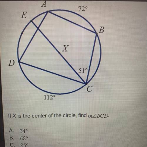 If x is the center of the circle, find m BCD