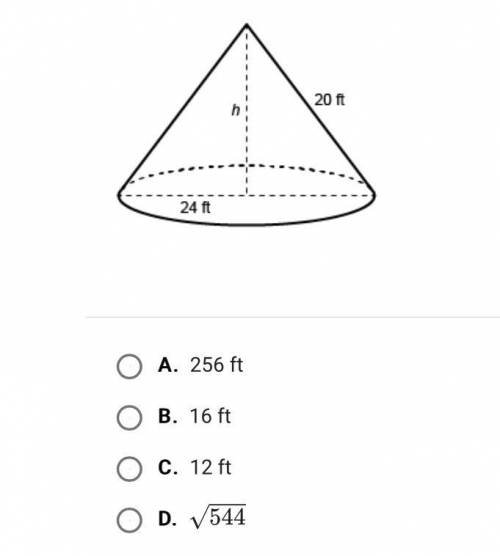 A right cone has a slant height of 20 feet, and the diameter of the base is 24 feet. What is the hei