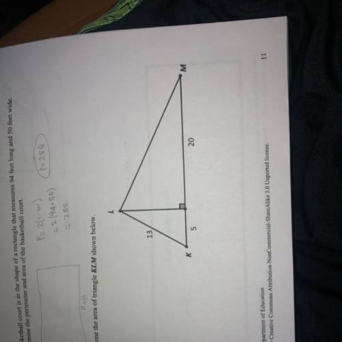 Can someone help me find the area of triangle KLM?