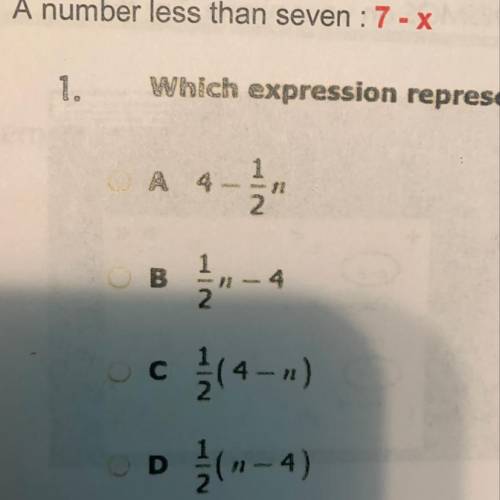 Which expression represents four less than half a number