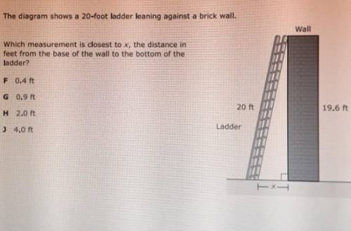 The diagram shows a 20-foot ladder leaning against a brick wall.WallWhich measurement is closest to