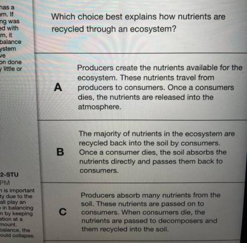 What choice best explains how nutrients are recycled through an ecosystem? (click on image only thre