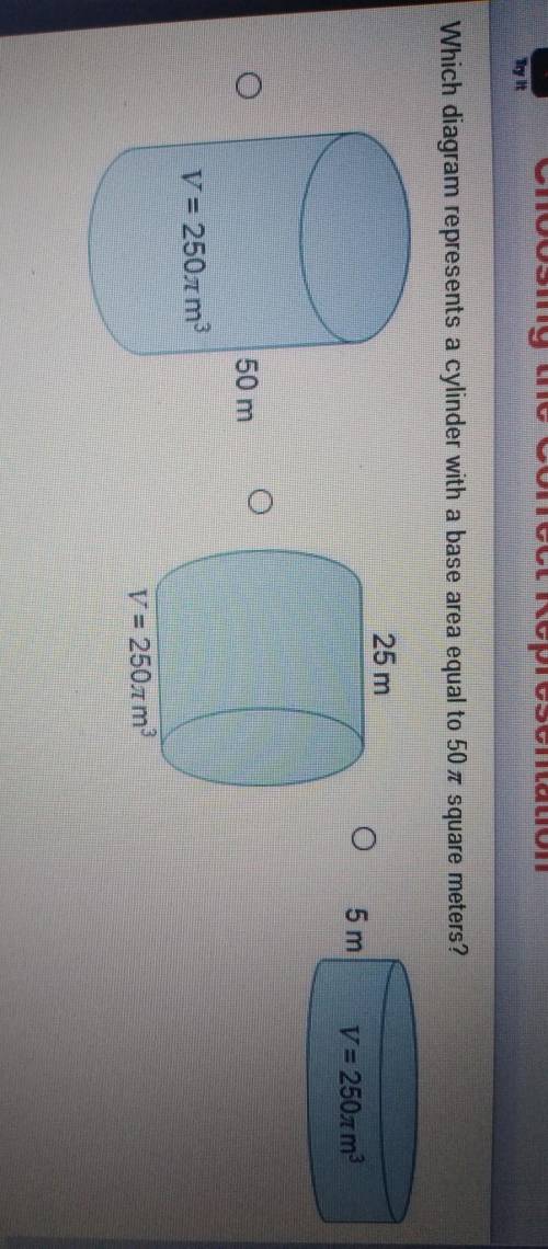 Which diagram represents a cylinder with a base area equal to 50π square meters?