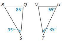 Determine whether the triangles are similar. If they are, write a similarity statement. Explain your
