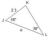 Which measures are accurate regarding triangle JKL? Select two options m∠K = 94° k ≈ 3.7 units k ≈ 4