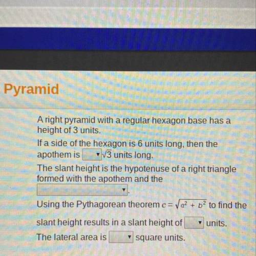 A right pyramid with a regular hexagon base has a height of 3 units.