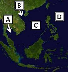 Each of the letters on the map above marks a body of water in Southeast Asia. Which two letters repr