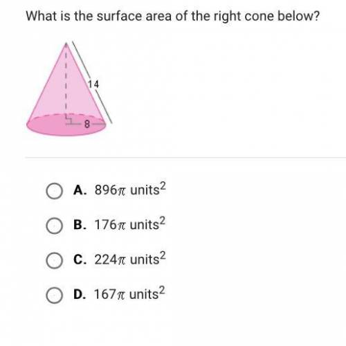 PLEASE HELP! :(  What is the surface area of the right cone below?