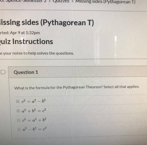 What is the formula for the Pythagorean theorem? Select all that applies