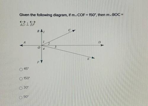 Given the following diagram, if <COF = 150°, then m<BOC =
