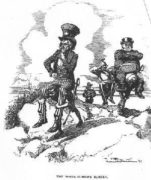 This cartoon shows another perspective on the white man’s burden. Examine the image and caption clos