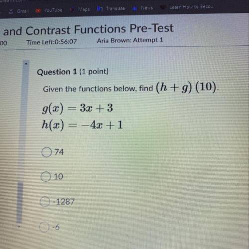 Given the functions below, find (h+g)(10).