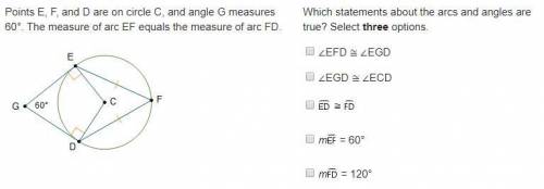 Points E, F, and D are on circle C, and angle G measures 60°. The measure of arc EF equals the measu