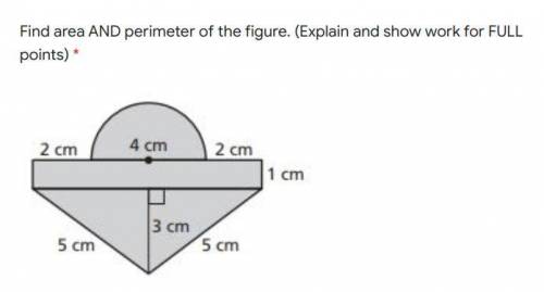 Find the area and perimeter of the figure below, explain and show work pls