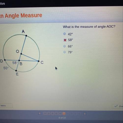 What is the measure of angle AOC? 42° X 58° O 66° O 79° 58° 50
