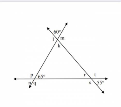 1. Measure of angle k = ?  A. 120 degrees B. 60 degrees C. 30 degrees D. 15 degrees 2. Measure of an