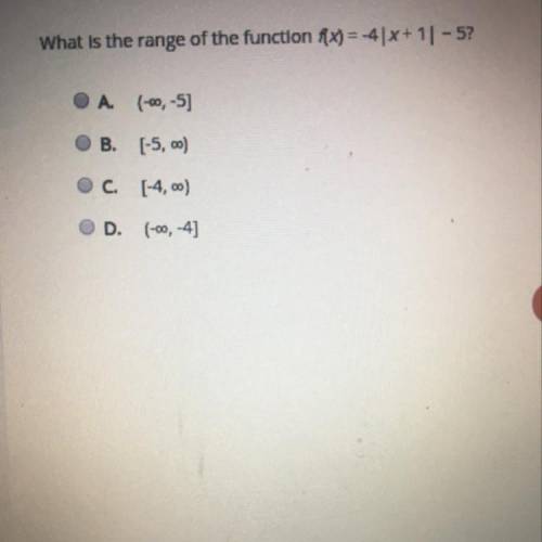 What is the range of the function f(x) = -4|x+1|- 5? O A. (-,-5] OB. [-5,00) C. [-4,00) OD. (-00,-4]