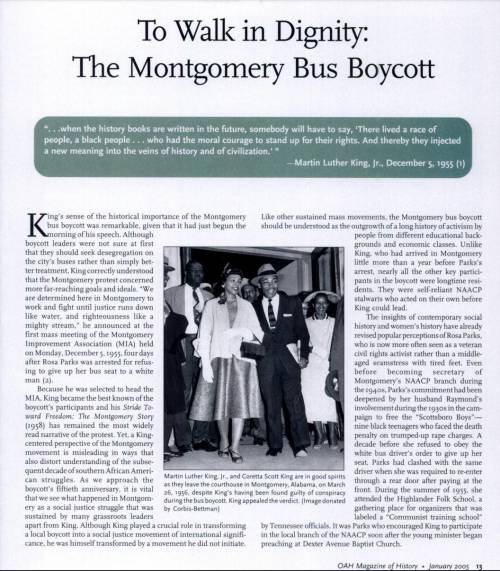 Critical analysis of the article by Carson, Clayborne. 2005.“To Walk in Dignity: The Montgomery Bus